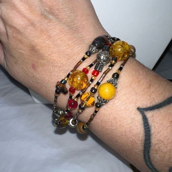Boho Glass, Wood and Seed Bead Multi Strand Stretch Bracelet - Picture 7 of 7